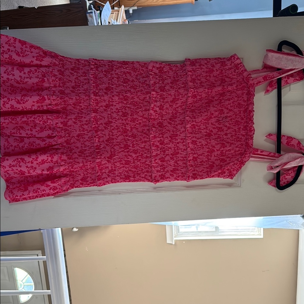 SHEIN Hot Pink Floral Print Mini Dress with Tie Straps